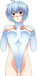  ayanami_rei baba_arumi bad_id bad_pixiv_id blue_hair blush breast_suppress breasts cameltoe covered_nipples hands highleg highleg_leotard leotard medium_breasts neon_genesis_evangelion red_eyes short_hair solo turtleneck 