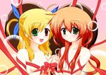  bad_id bad_pixiv_id blonde_hair blush chocolate green_eyes heart heterochromia ixpellia long_hair lyrical_nanoha mahou_shoujo_lyrical_nanoha_strikers multiple_girls naked_ribbon red_hair ribbon smile valentine vanilla1013 vivio 