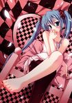  absurdres aqua_eyes armchair asymmetrical_clothes barefoot blue_hair chair checkered crossed_legs eating feet hatsune_miku highres long_hair nail_polish petals red_nails single_thighhigh sitting solo tanihara_natsuki thighhighs toenail_polish toes twintails vocaloid world_is_mine_(vocaloid) 