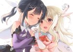  2019 2girls :d ascot bangs black_hair blurry blurry_foreground blush breasts cape closed_mouth depth_of_field detached_sleeves earrings eyebrows_visible_through_hair eyes_closed fate/kaleid_liner_prisma_illya fate_(series) feathers gloves hair_between_eyes hair_feathers hair_ornament hairclip hand_holding hijiri_ruka illyasviel_von_einzbern interlocked_fingers jewelry leotard light_brown_hair long_sleeves miyu_edelfelt multiple_girls one_side_up open_mouth pink_feathers pink_shirt pink_sleeves prisma_illya purple_leotard purple_sleeves red_neckwear shirt signature simple_background sleeveless sleeveless_shirt small_breasts smile tears twintails water_drop white_background white_cape white_gloves x_hair_ornament 