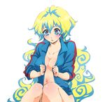  1girl blush breasts cleavage cloud_hair coat covered_nipples earrings harayan jewelry long_hair medium_breasts multicolored_hair navel nia_teppelin no_bra open_clothes open_shirt shirt sleeves_pushed_up solo tengen_toppa_gurren_lagann very_long_hair 