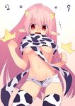  2009 animal_print breasts copyright_request cow_print medium_breasts midriff pink_hair pointy_ears scarf short_shorts shorts solo sumaki_shungo thighhighs underboob 