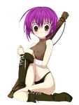  boots breasts brown_eyes copyright_request covered_nipples large_breasts navel panties purple_hair shijou_sadafumi short_hair solo underwear 