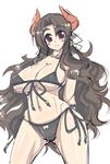  akatsuki_francesca bikini black_bikini black_hair blush_stickers breasts brown_hair cleavage demon_girl earrings horns huge_breasts jewelry long_hair mature mel/a navel original pointy_ears red_eyes side-tie_bikini smile solo succubus swimsuit underboob very_long_hair wide_hips 