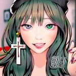  1girl asian bangs black_hat blurry blurry_background chromatic_aberration commentary cross cross_earrings dated earrings engrish_commentary exid eyebrows_behind_hair eyelashes eyes green_eyes green_hair half-closed_eyes hand_up hani_(exid) hat heterochromia jewelry korean_text lips long_hair looking_at_viewer nail_polish pink_nails portrait rangsiwut_sangwatsharakul realistic ribbed_hat solo tongue tongue_out upper_teeth wavy_hair 