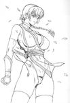  breasts cleavage dead_or_alive gauntlets greyscale jpeg_artifacts kasumi_(doa) large_breasts long_hair monochrome ninja panties petals pubic_hair sketch solo sword thighhighs thong underwear weapon wind wind_lift 