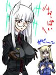  animal_ears blonde_hair breast_envy breasts glasses gloves heidimarie_w_schnaufer hirschgeweih_antennas large_breasts long_hair magic multiple_girls nami2 perrine_h_clostermann red_eyes shocked_eyes strike_witches tears translated uniform white_hair world_witches_series 