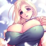  areola_slip areolae bianca blonde_hair blue_eyes blush braid breasts bursting_breasts cloud covered_nipples day dragon_quest dragon_quest_v earrings feathers hair_over_shoulder huge_breasts jewelry long_hair magaki_ryouta single_braid sky smile solo 