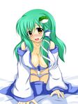  bad_id bad_pixiv_id blush breasts cleavage detached_sleeves green_hair huge_breasts kochiya_sanae long_hair panties panty_pull solo touhou underwear yellow_eyes zefyu 