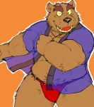  2008 anthro brown_fur bulge clothing fundoshi fur humanoid_hands japanese_clothing male mammal one_eye_closed overweight overweight_male sessa shirt simple_background solo teeth underwear ursid wink 