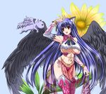  animal_ears black_wings blue_hair boots bracelet breasts bridal_gauntlets cat cat_ears flower flying huge_breasts jewelry long_hair nanakorobi_yaoki original panties red_eyes solo sunflower thigh_boots thighhighs thong underboob underwear very_long_hair wings 