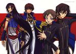  absurdres armband ashford_academy_uniform black_hair brown_hair cape code_geass detached_sleeves frown green_eyes hair_ornament hands_clasped highres katana knights_of_the_round_uniform kururugi_suzaku lelouch_lamperouge li_xingke long_hair looking_back male_focus military military_uniform multiple_boys official_art own_hands_together pink_eyes purple_eyes red_eyes rolo_lamperouge sakou_yukie scan school_uniform sheath sheathed short_hair sword turtleneck uniform very_long_hair weapon 