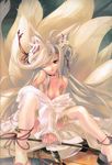  animal_ears anklet bell blonde_hair bow_(weapon) breasts cleavage fox fox_ears fox_mask fox_tail hair_ornament highres japanese_clothes jewelry long_hair mask miwa_yoshikazu moe_moe_youkai_jiten off_shoulder one_eye_closed pink_eyes shiny shiny_clothes sitting small_breasts solo tail thighhighs weapon 