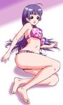  ahoge aida_kan_mori bad_anatomy barefoot bikini breasts copyright_request feet large_breasts long_hair lying midriff purple_hair solo swimsuit 