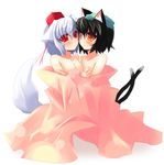  animal_ears black_hair blush breasts cat_ears cat_tail chen hat inubashiri_momiji multiple_girls multiple_tails red_eyes shin_(new) short_hair small_breasts tail tokin_hat touhou towel white_hair wolf_ears wolf_tail yuri 