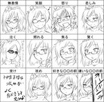  bespectacled chart expressions glasses greyscale monochrome multiple_views tetsuji touhou translated yasaka_kanako 