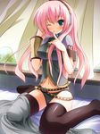  bed bed_sheet belt black_legwear black_panties blue_eyes blush breasts covered_nipples curtains finger_to_mouth highres long_hair massan medium_breasts megurine_luka midriff navel one_eye_closed panties pink_hair sitting solo thighhighs underwear vocaloid wariza 