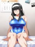  1girl bare_arms bare_legs bare_shoulders bed black_hair blue_eyes blue_swimsuit blush breasts calendar covered_navel enoshima_iki glasses gluteal_fold hairband highres indoors large_breasts legs legs_together long_hair looking_at_viewer muchi_muchi_jimiko_bitch_ka_nikki original shiny shiny_clothes sitting solo swimsuit thighs 