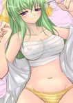  bandages bed blanket blue_eyes blush breasts covered_nipples garyou glasses green_hair kannagi_itsuki large_breasts long_hair lying midriff panties sarashi shimoyama_mutsumi solo sora_wo_kakeru_shoujo striped striped_panties underwear wide_hips 