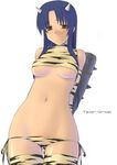  animal_print blue_hair breasts club copyright_request demon_girl horns kanabou lowleg medium_breasts oni panties side-tie_panties solo thighhighs tiger_print tsuina underboob underwear weapon 