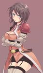  aqua_eyes bad_id bad_pixiv_id breast_hold breasts brown_background brown_hair crossed_arms gauntlets genderswap genderswap_(mtf) large_breasts okmr schwann_oltorain short_hair surcoat tales_of_(series) tales_of_vesperia thighhighs 