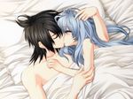  1girl ashe_(under_the_moon) bed bed_sheet black_hair blue_hair blush couple game_cg hetero kiss long_hair short_hair toujou_sakana under_the_moon 