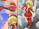  3girls blonde_hair boots christmas city eating giantess ground_vehicle hat kanahebi multiple_boys multiple_girls original santa_costume santa_hat standing thigh_boots thighhighs train vore 