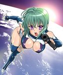  breasts cleavage earth elbow_gloves fingerless_gloves gloves green_hair gun kannagi_itsuki large_breasts purple_eyes solo sora_wo_kakeru_shoujo space thighhighs ueyama_michirou weapon 