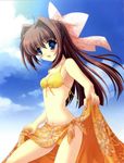  asakura_otome bikini blue_eyes blush breasts brown_hair cleavage da_capo da_capo_ii day jpeg_artifacts kayura_yuka long_hair medium_breasts orange_sarong print_sarong ribbon sarong solo swimsuit 