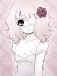  bad_id bad_pixiv_id bare_shoulders copyright_request eyepatch flat_chest flower jyako monochrome shirt_pull short_hair smile solo 