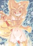  animal_ears blonde_hair bra breast_squeeze breasts censored duplicate elbow_gloves fang fox_ears gloves hat kazami_karasu lingerie midriff moonlight_flower no_panties oekaki ragnarok_online red_eyes small_breasts solo staff thighhighs underwear 