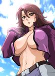  belt blush breasts brown_eyes brown_hair celestial_being_uniform cropped_jacket from_below gloves gundam gundam_00 huge_breasts long_hair looking_down navel open_clothes open_shirt shirt sky solo sumeragi_lee_noriega ueyama_michirou underboob 