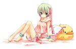  arm_support barefoot blue_eyes camisole feet flat_chest green_hair kubyou_azami nipples original see-through sitting solo 