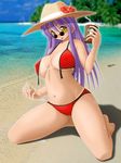  :p beach bikini bikini_tan breasts breasts_apart day drink drinking_straw flower front-tie_top hat hat_flower head_tilt hibiscus keito kneeling large_breasts long_hair looking_at_viewer ocean original outdoors photo_background purple_hair sand shadow solo striped striped_bikini sun_hat sunglasses sweat swimsuit tan tanline tongue tongue_out untied water yellow_eyes 