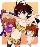  :3 animal_print antenna_hair blue_eyes blush brown_hair chibi club flat_chest hands idolmaster idolmaster_(classic) idolmaster_1 kanabou kikuchi_makoto multiple_girls nekopuchi nonowa oni short_hair shorts takatsuki_yayoi thighhighs tiger_print twintails weapon yayoi_creature 