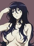  blue_eyes blue_hair breasts hair_between_eyes hair_censor hair_over_breasts large_breasts long_hair michael original parted_lips simple_background solo topless upper_body 