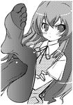  aisaka_taiga blush crossed_legs feet greyscale izumi_(walnov) long_hair lowres monochrome sitting solo thighhighs toradora! 