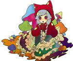  :o animal_ears animal_hood bad_id bad_pixiv_id braid cat_hood dress hair_over_shoulder hood kneeling long_hair mushroom original red_eyes solo twin_braids yoko_(shiocolor) 