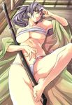  armpits bangs bare_shoulders barefoot between_legs breasts brown_eyes cleavage feet flieger from_above fundoshi grey_hair groin hair_between_eyes hair_intakes hand_on_own_head hand_on_own_stomach high_ponytail highres indoors japanese_clothes katana large_breasts long_hair long_sleeves looking_at_viewer lying off_shoulder on_back on_floor one_eye_closed open_clothes open_robe original ponytail robe sarashi shadow sheath sketch skindentation smile solo sword tatami toes underboob weapon wooden_floor 