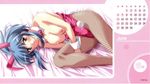  animal_ears bed blue_hair blush breast_squeeze breasts bunny_ears bunnysuit calendar_(medium) cuffs ecchi_na_bunny-san_wa_kirai? ecchi_na_bunny-san_wa_kirai?_2 fishnet_pantyhose fishnets kasuga_madoka large_breasts lying on_side pantyhose smile solo topless yamane_masahiro 