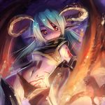  blue_hair breasts demon_girl edobox fire green_hair horns long_hair medium_breasts original pointy_ears red_eyes solo underboob 