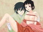  1girl artist_request bdsm black_hair bondage bound breasts brown_eyes glasses hakama hitotoshite_jiku_ga_bureteiru itoshiki_nozomu japanese_clothes medium_breasts nipples red_hakama sayonara_zetsubou_sensei short_hair topless tsunetsuki_matoi 