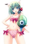  animal_ears bikini blue_eyes cat_ears cloud green_hair greenwood hair_ribbon midori_(greenwood) midriff navel open_mouth original polka_dot polka_dot_bikini polka_dot_swimsuit ribbon short_hair side-tie_bikini simple_background solo swimsuit water_gun zinno 