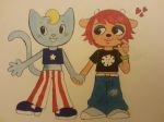  blonde_hair blue_fur bovid caprine clothed clothing domestic_cat felid feline felis female fur hair hand_holding katy_kat lammy_lamb mammal orange_fur parappa_the_rapper red_hair sheep um_jammer_lammy video_games 