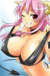  breasts covered_nipples demon_girl demon_tail horns huge_breasts one_eye_closed original pink_hair pochi_(pochi-goya) pointy_ears red_eyes solo tail 