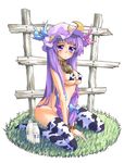  animal_print bikini_top cow_print crescent hakui_ami hat long_hair milk patchouli_knowledge purple_hair solo thighhighs touhou 
