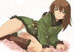  bed_sheet belt boots brown_hair buckle buttons face feathers flat_chest green_eyes hands highres knee_boots lying military military_uniform nada_haruka original panties pantyshot pantyshot_(lying) smile solo underwear uniform white_panties 