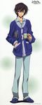  absurdres black_hair casual code_geass cup highres lelouch_lamperouge male_focus okayama_shinako purple_eyes slippers solo 