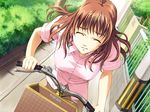  bangs bicycle bicycle_basket blouse breasts brown_hair bush close-up closed_eyes covered_nipples day dutch_angle game_cg ground_vehicle kogure_mayumi large_breasts long_hair outdoors pavement pink_blouse plant railing riding road short_sleeves solo sweat wakazuma_mangekyou yuzuchichi 