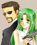  1girl artist_request beard black_suit blush brown_hair facial_hair formal green_eyes green_hair gun hair_ribbon half_updo higurashi_no_naku_koro_ni kasai_tatsuyoshi long_hair lowres ribbon short_hair smile sonozaki_shion suit sunglasses weapon 